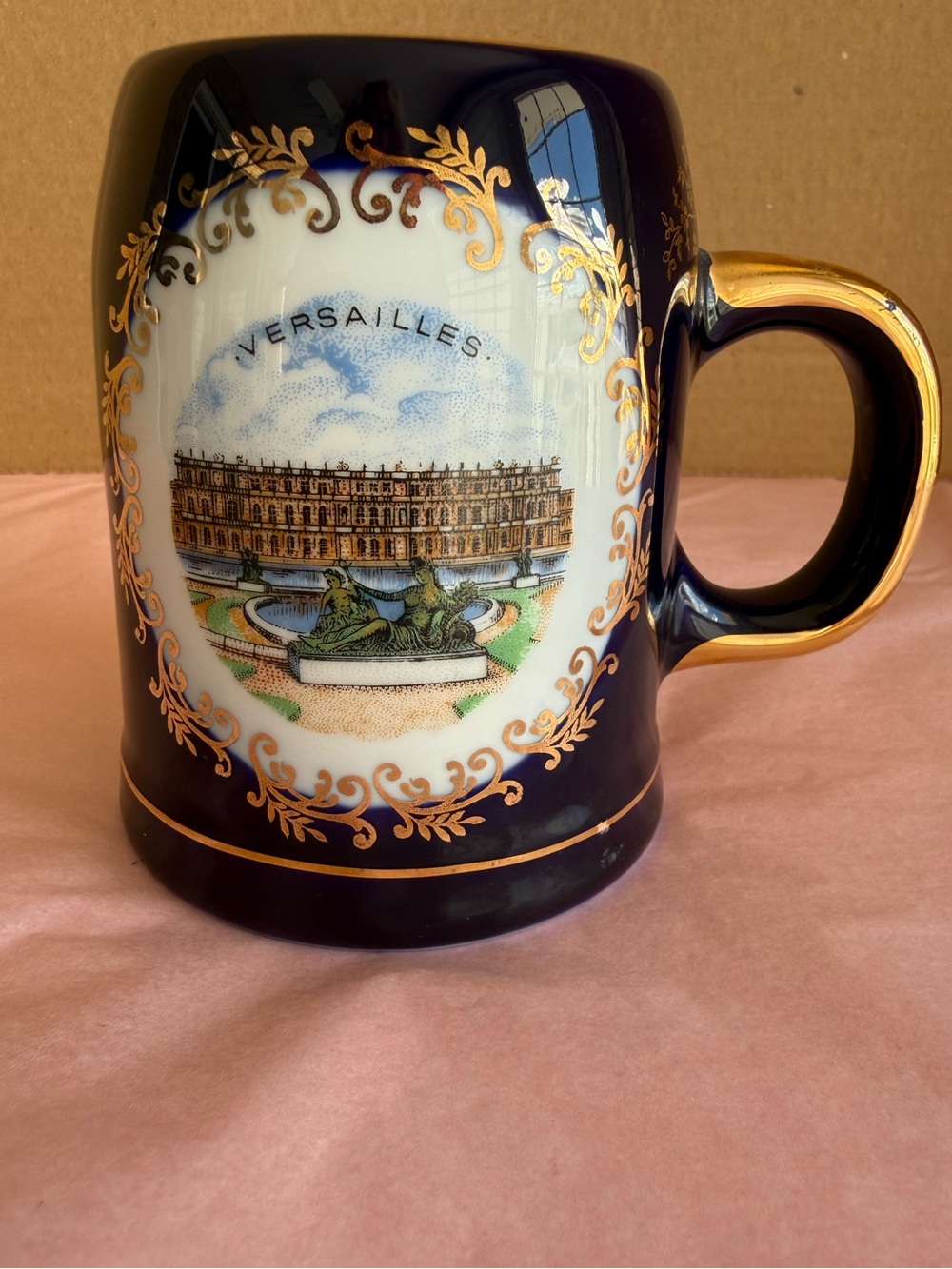 Vintage Limoges France Cobalt Blue & Gold Versailles Porcelain Mug Stein Tharaud